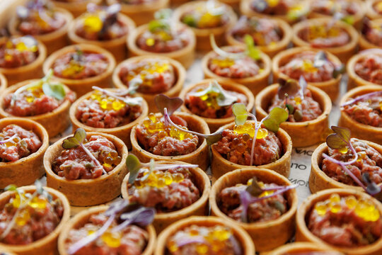 Beef Tartar Appetizer Tartlets with Yellow Caviar