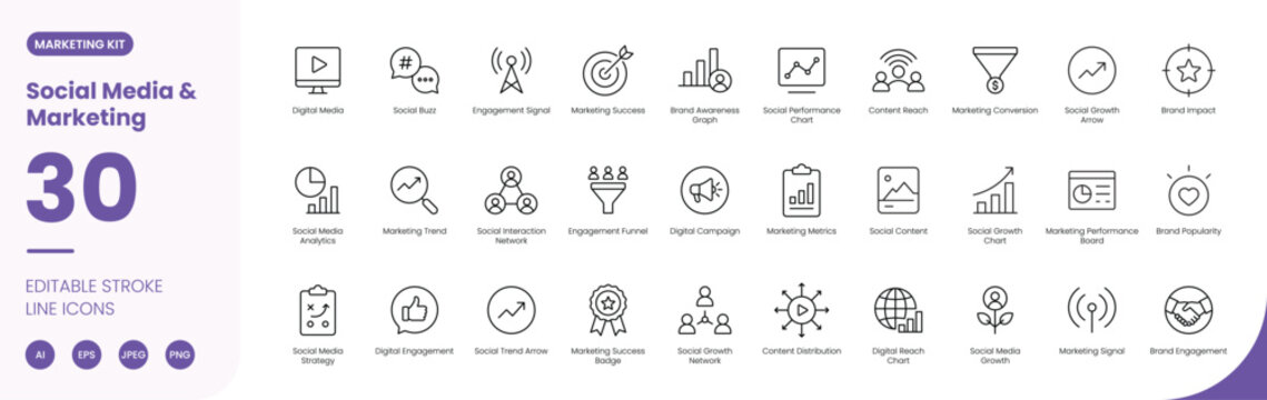 Social Media and Marketing icon line style digital engagement editable stroke vector set