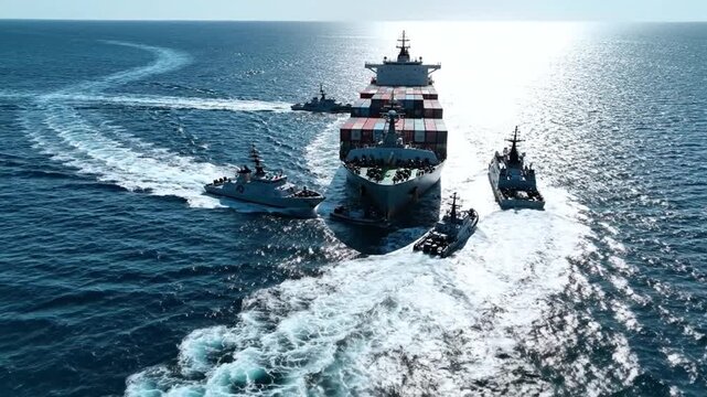 Naval escort vessels patrolling a large container ship at sea