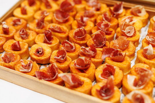 Tray of Gourmet Bruschetta Appetizers with Jamon Serrano Ham