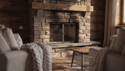 Obraz premium Mountain cabin hearth corner with an unlit brick fireplace as the main subject surrounded by blurred cushioned seats and a wooden side table evoking calm anticipation.