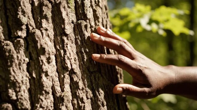 Close up of a hand touching rough tree bark in a sunny forest for a tactile connection with nature.