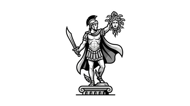 Perseus Holding Medusa Head Ancient Greek Mythology Illustration.