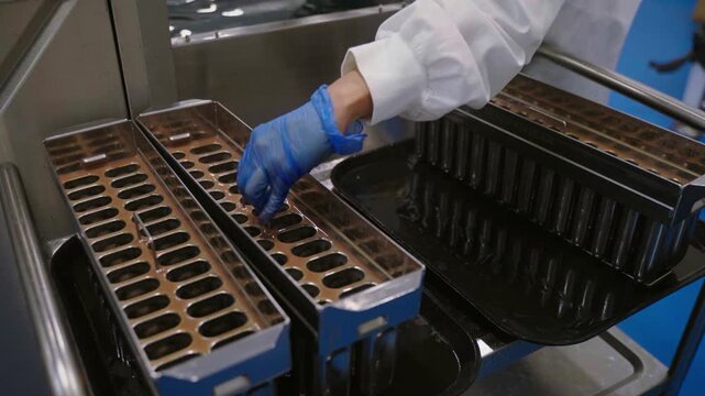 Worker removes empty stainless steel popsicle moulds from a cooling tank and places them on a tray during commercial ice cream factory production and frozen dessert manufacturing.