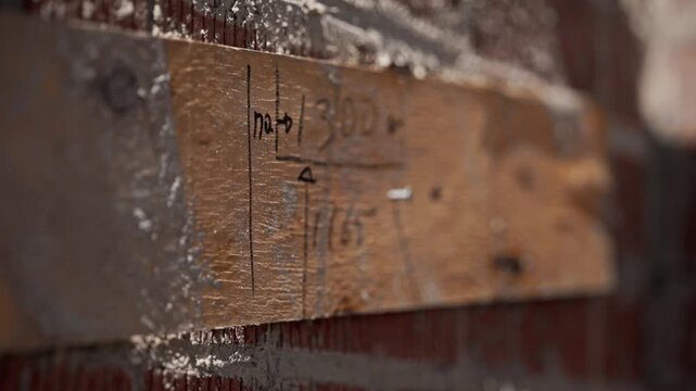 Close-up of timber formwork fixed to a brick wall with handwritten construction measurements and layout markings. Building site detail showing setting out, dimensions and preparation work.