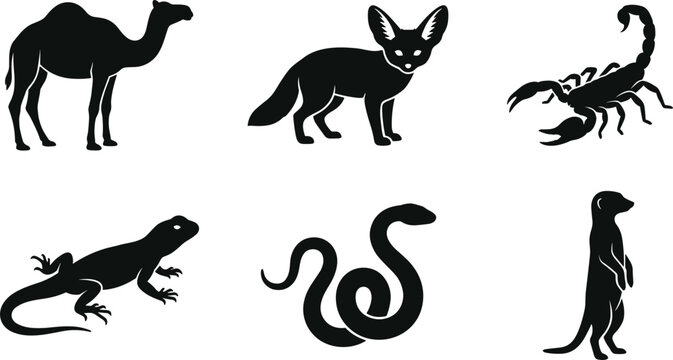 Desert Animals and Wildlife Silhouette Icon Set with Camel Fennec Fox Scorpion Lizard Snake and Meerkat for Nature and Zoo Graphic Designs