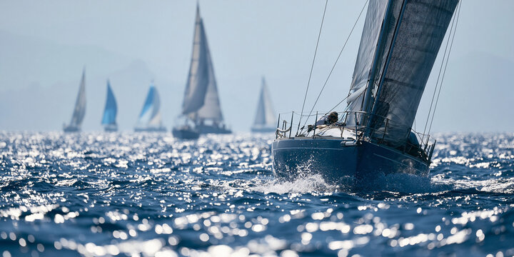 Sailboats racing across a sparkling blue ocean under a bright sky, capturing the thrill of competitive sailing and the beauty of the sea