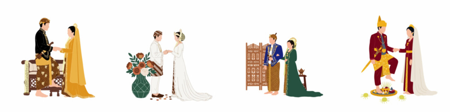 Collection of Indonesian Javanese Traditional Wedding Ceremony Illustrations Featuring Couples in Various Regional Bridal Attire and Rituals on White Background