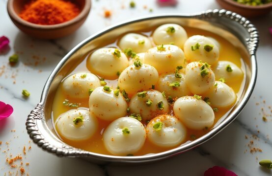 Round white milk balls soak in sweet yellow syrup. Garnish with chopped green nuts and orange spice powder. Indian dessert cham cham is ready to eat.