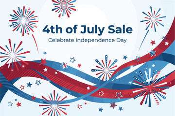 Fototapeta premium Fourth of July vector sale banner with fireworks and patriotic ribbon design