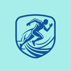 Obraz premium Blue silhouette of a male runner sprinting inside a shield frame