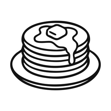 Stack of Fluffy Pancakes with Melting Butter and Maple Syrup on Plate Vector Illustration - Sweet Breakfast Dessert Line Art Icon for Cafe Menu and Bakery Design