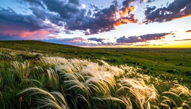 Rolling green hills meet a vibrant sky ablaze with sunset colors, long grass in the foreground