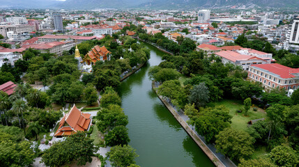 Fototapeta premium City river with green trees and traditional temple buildings surrounded by urban area and mountains in background 