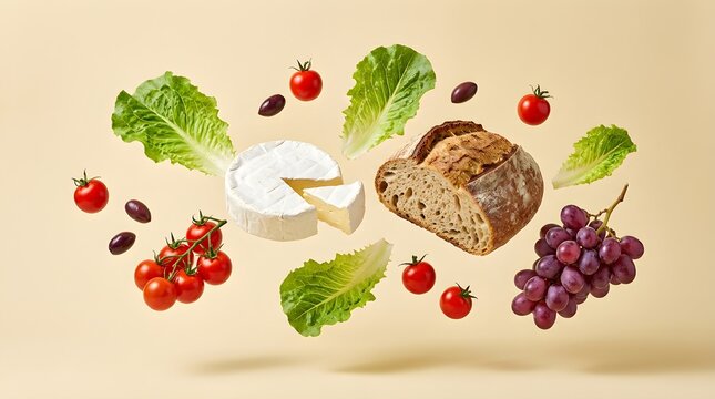 Levitating healthy food ingredients, flying bread with brie cheese and fresh vegetables, creative culinary concept on beige background