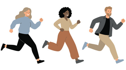 Fototapeta premium Cartoon flat vector illustrations of diverse people running for fitness.