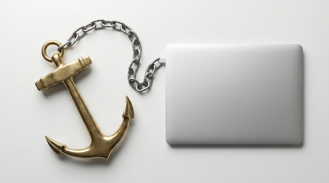 Heavy industrial anchor chained to a modern laptop on a white desk, symbolizing digital burden, restricted mobility, and technical debt.