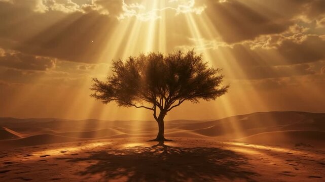 Divine sunrays burst through golden clouds, illuminating solitary green tree in vast desert.