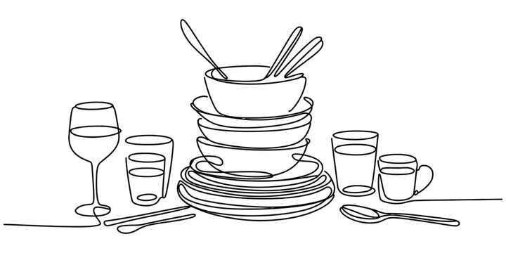 Continuous single line drawing of a stack of dirty dishes plates bowls glasses and cutlery on a table Vector, illustration