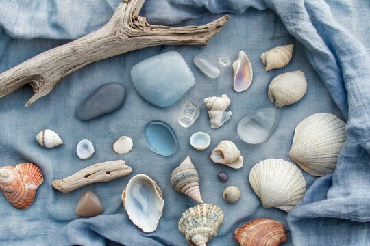 Beachcombing finds on blue fabric with driftwood, shell, stone, and sea glass in calm flat lay