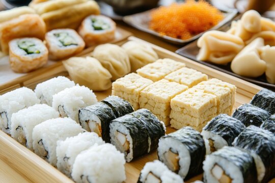 Japanese snack assortment, sushi roll, rice ball, dumpling, tofu, seaweed roll