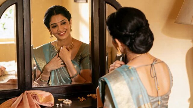 Adjusting Indian woman in sari fixing jewelry at trifold mirror, preparing for wedding