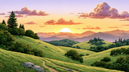 Fototapeta premium Sunset over rolling green hills with trees, rocks, and distant mountains under colorful sky with clouds watercolor style