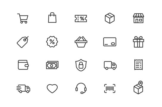 E-commerce and online shopping line icons set with shopping cart, delivery truck, payment, discount, gift, wallet and store linear symbols isolated on white background.