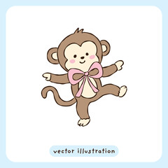 Cute baby monkey vector illustration, adorable little monkey character with pink bow, kawaii cartoon animal clipart © Saltyarts design
