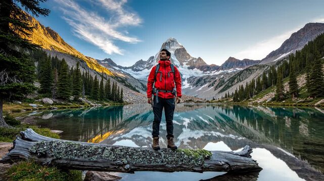Male hiker wearing a red jacket and backpack balances on a fallen log over a calm alpine lake reflecting a sharp snowy peak and evergreen forest under a clear blue sky.