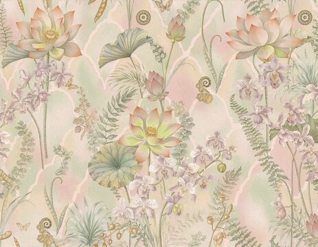Vintage Vietnamese botanical wallpaper background