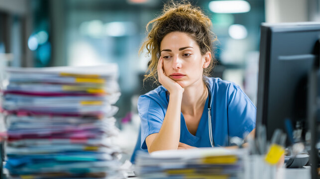Exhausted female nurse sitting at hospital desk surrounded by paperwork. Healthcare worker stress, burnout, overtime, administrative workload and medical profession concept.