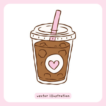 Cute Hand Drawn Iced Coffee Cup Illustration with Pink Heart Logo and Straw