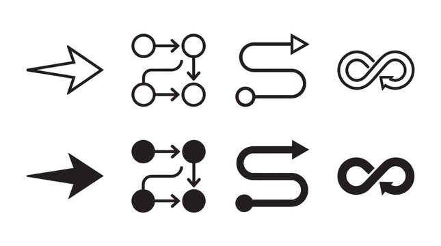 Pathfinding and workflow diagram icons with linear and solid geometric shapes workflow infinity direction sequence