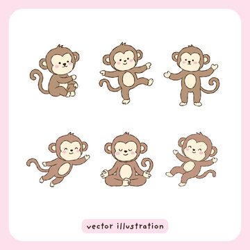 Cute Hand Drawn Monkey Illustration Set with Different Poses and Emotions
