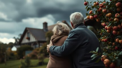 Fototapeta premium Rear view of an elderly couple embracing next to an apple tree looking at their country home
