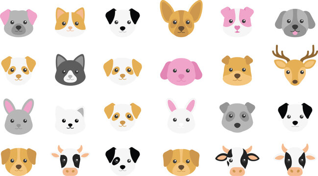Cute animal avatar faces vector illustration bundle featuring various dog breeds puppy cat kitten cow deer rabbit isolated on white background flat