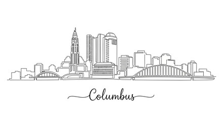 Fototapeta premium Columbus skyline line art illustration, Ohio city silhouette