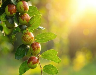 Fototapeta premium A branch laden with ripening green and red fruits, bathed in soft sunlight