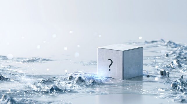 Conceptual 3D rendering backdrop with copy space featuring tech block and interrogation point