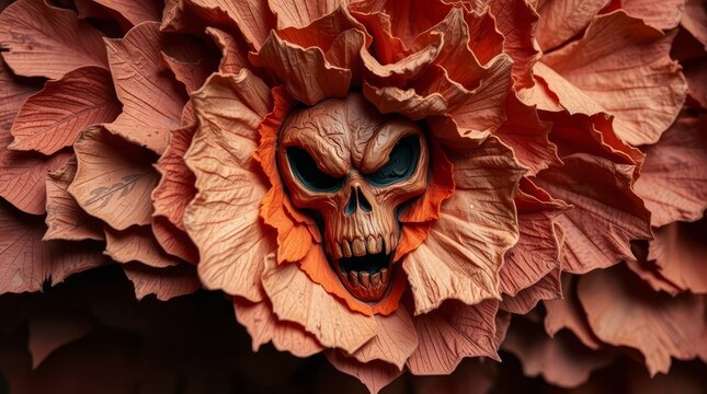 Intricate papier-m&acirc;ch&eacute; sculpture of a skull emerging from layered orange autumn leaves
