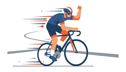 Fototapeta premium Professional cyclist on a road bicycle raises his fist in victory while speeding forward, represented by colorful motion blur lines.