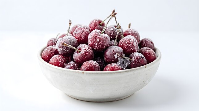 Frozen red cherries covered in frost inside a ceramic bowl on a white background