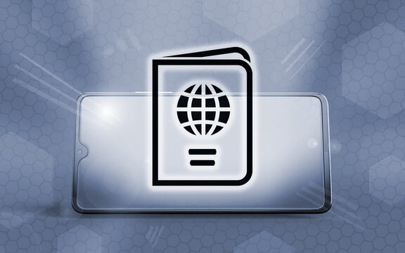 Representaci&oacute;n tridimensional de un smartphone moderno que muestra un icono brillante de pasaporte en la pantalla, simbolizando viajes digitales, documentos electr&oacute;nicos y movilidad global.