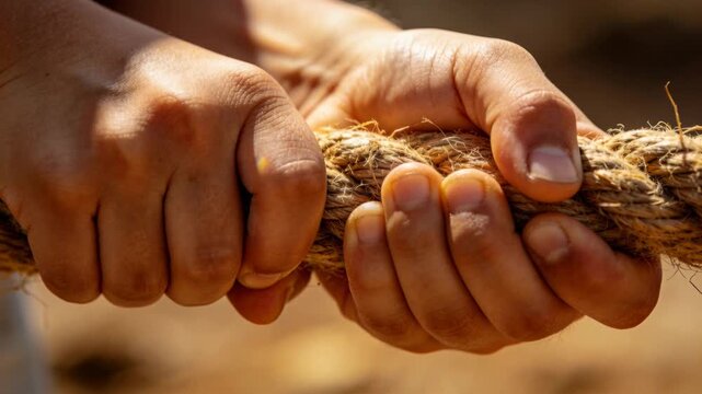 Gripping adult hands maintaining steady tension on braided jute rope in sunlit outdoor scene