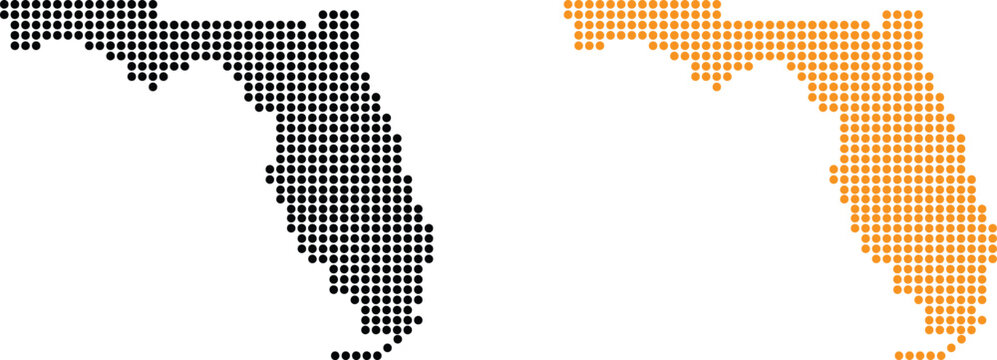 Florida state map outline made of black and orange halftone dots