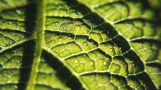 Pulling focus, macro camera revealing midrib, vein network and droplets on sunlit leaf for detail
