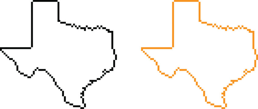 Pixel art style outline map of texas state in black and orange colors