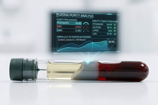 Medical blood collection tube with gel matrix separator and holographic plasma purity analysis dashboard