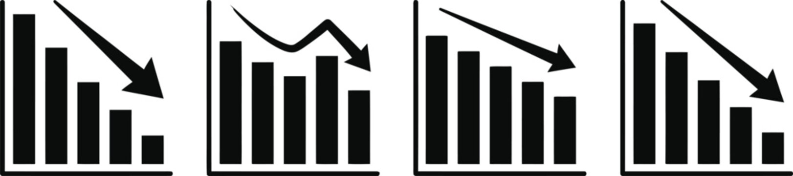 Set of black bar charts showing financial decline and negative business growth trends